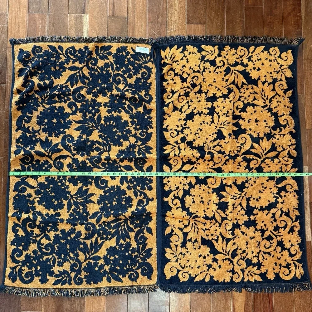 6pc VTG 1960s MCM Springmaid Orange Black Damask Bath Towel Set Hand Washcloth